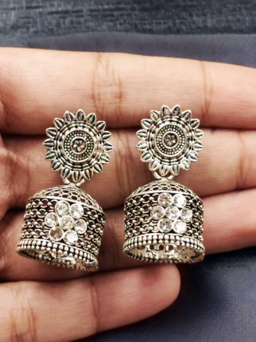 Elegant German Silver Stud Jhumka Earrings for a Graceful Look - Image 2