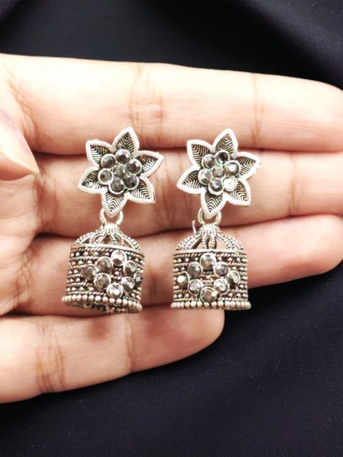 Elegant Stone Stud Jhumka Earrings featuring a sparkling stone stud top with intricate jhumka detailing, perfect for adding a touch of sophistication to any outfit.