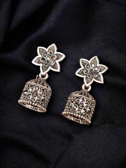 Elegant Stone Stud Jhumka Earrings featuring a sparkling stone stud top with intricate jhumka detailing, perfect for adding a touch of sophistication to any outfit.
