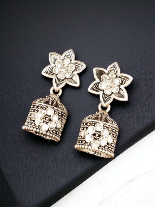 Elegant Stone Stud Jhumka Earrings featuring a sparkling stone stud top with intricate jhumka detailing, perfect for adding a touch of sophistication to any outfit.