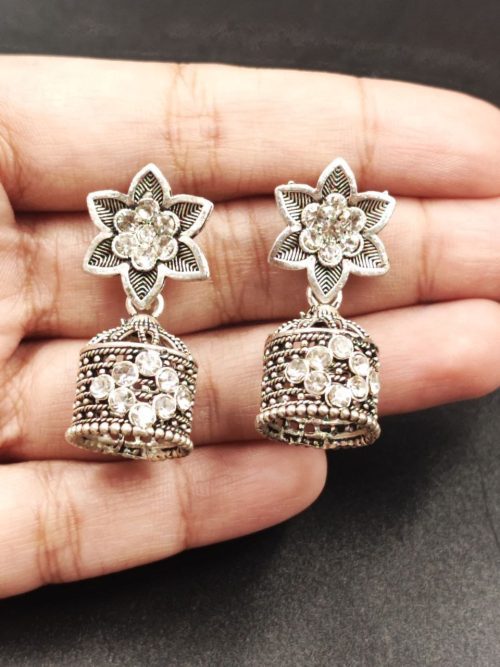 Elegant Stone Stud Jhumka Earrings featuring a sparkling stone stud top with intricate jhumka detailing, perfect for adding a touch of sophistication to any outfit.