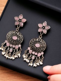 Elegant ethnic hanging stone stud earrings crafted from brass, perfect for any occasion.