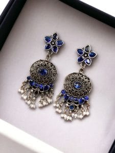 Perfect Ethnic Hanging Stone Stud Earrings – Perfect for Any Occasion - color: "Blue"