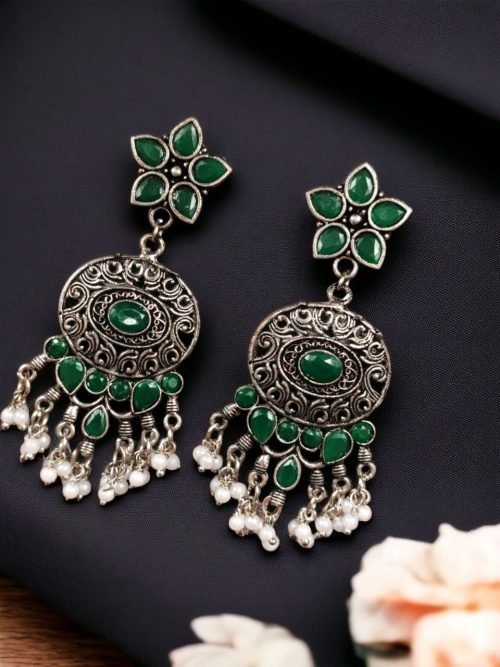 Elegant ethnic hanging stone stud earrings crafted from brass, perfect for any occasion.