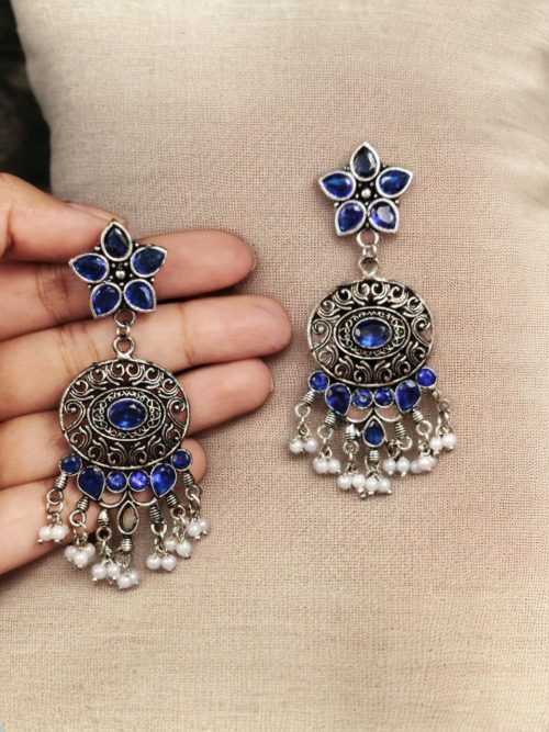 Elegant ethnic hanging stone stud earrings crafted from brass, perfect for any occasion.