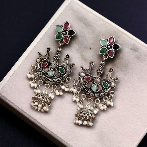 Elegant ethnic hanging bird-styled German silver stone stud earrings with intricate detailing, perfect for any occasion.