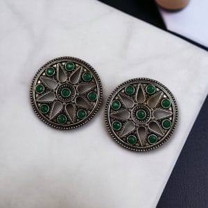 Brass Round Stud Earrings with Beautiful Stone for an Ethnic Look - color: "Green"