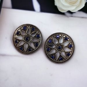 Brass Round Stud Earrings with Beautiful Stone for an Ethnic Look - color: "Blue"