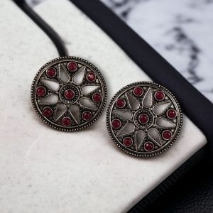 Brass Round Stud Earrings with Beautiful Stone for an Ethnic Look - color: "Pink"