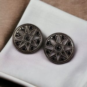 Brass Round Stud Earrings with Beautiful Stone for an Ethnic Look - color: "Black"