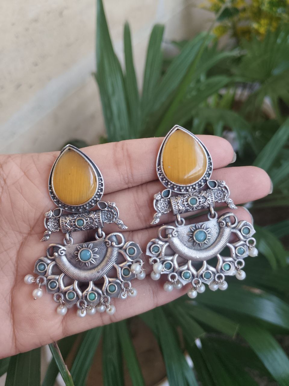 Elegant Brass Studs Earring with Beautiful Stone Detailing – Best for Women 2 Elegant brass studs earrings with beautiful stone detailing, perfect for women.