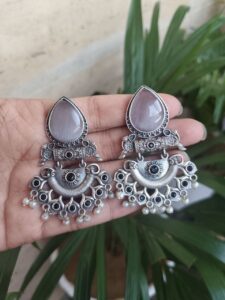 Elegant Brass Studs Earring with Beautiful Stone Detailing – Best for Women - color: "Grey-Black"