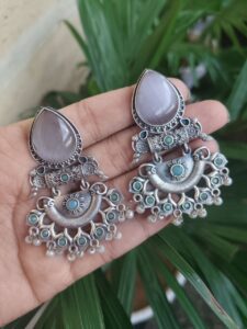 Elegant Brass Studs Earring with Beautiful Stone Detailing – Best for Women - color: "Grey-Mint"