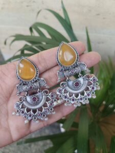 Elegant Brass Studs Earring with Beautiful Stone Detailing – Best for Women - color: "Yellow-Red"