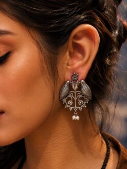 Antique-style silver replica bird stud earrings in brass with intricate vintage design, perfect for traditional and modern outfits