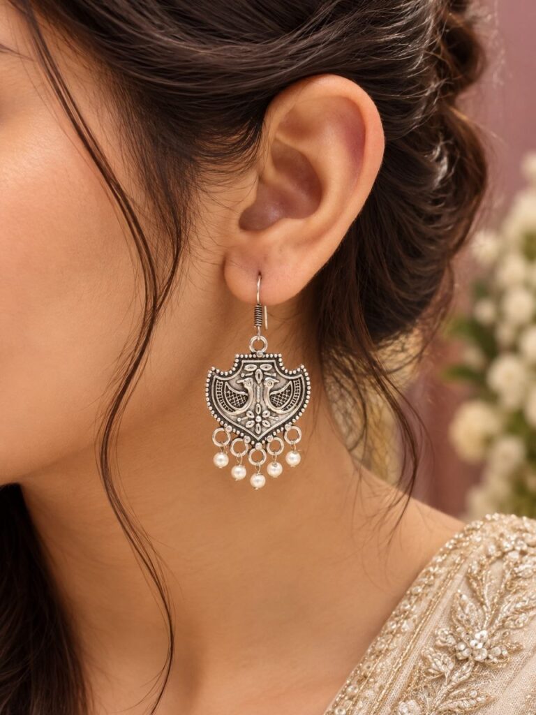Peacock-Themed Silver-Plated Hook Earrings – A Perfect Statement Jewelry