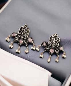 Unique German Silver Lotus Stud Earrings with a stunning oxidized finish and intricate stone detailing, perfect for a stylish and elegant look.