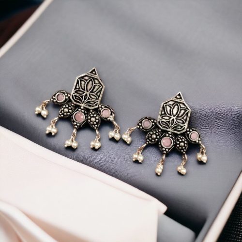 Unique German Silver Lotus Stud Earrings with a stunning oxidized finish and intricate stone detailing, perfect for a stylish and elegant look.