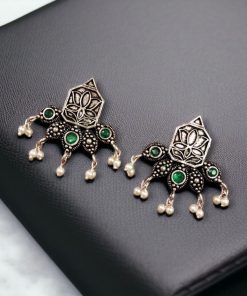 Unique German Silver Lotus Stud Earrings with a stunning oxidized finish and intricate stone detailing, perfect for a stylish and elegant look.