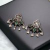 Unique German Silver Lotus Stud Earrings with a stunning oxidized finish and intricate stone detailing, perfect for a stylish and elegant look.