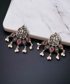 Unique German Silver Lotus Stud Earrings with a stunning oxidized finish and intricate stone detailing, perfect for a stylish and elegant look.