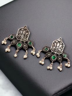Unique German Silver Lotus Stud Earrings with a stunning oxidized finish and intricate stone detailing, perfect for a stylish and elegant look.