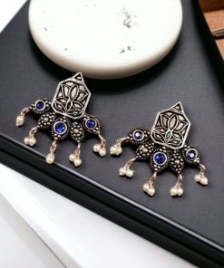 Unique German Silver Lotus Stud Earrings with a stunning oxidized finish and intricate stone detailing, perfect for a stylish and elegant look.