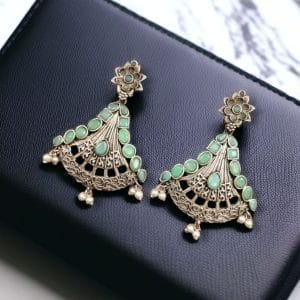 Elegant Brass Hanging Stud Earrings with Stone – A Perfect Ethnic Touch - color: "Mint-Aqua"