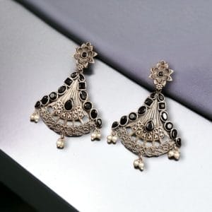 Elegant Brass Hanging Stud Earrings with Stone – A Perfect Ethnic Touch - color: "Black"