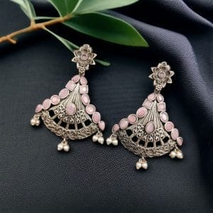 Elegant Brass Hanging Stud Earrings with Stone – A Perfect Ethnic Touch - color: "Babypink"
