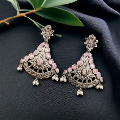 Elegant brass hanging stud earrings with intricate detailing and a beautiful stone embellishment, perfect for an ethnic and sophisticated look.
