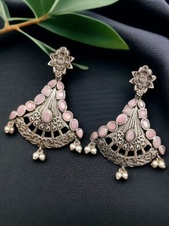 Elegant brass hanging stud earrings with intricate detailing and a beautiful stone embellishment, perfect for an ethnic and sophisticated look.