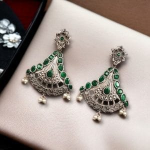Elegant Brass Hanging Stud Earrings with Stone – A Perfect Ethnic Touch - color: "Green"