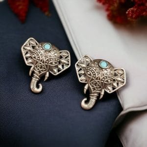 Unique Brass Elephant Stud Earrings with Perfect Stone Detailing - color: "Aqua"