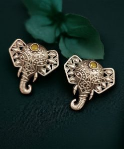 Unique brass elephant stud earrings featuring intricate detailing and embedded stones, perfect for an elegant and cultural look.