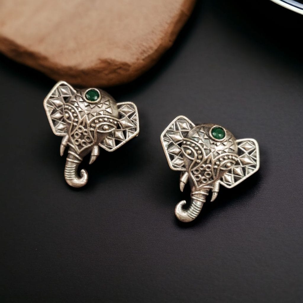 Bulk 1236 Unique Brass Elephant Stud Earrings with Perfect Stone Detailing - "Green"