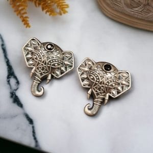 Unique Brass Elephant Stud Earrings with Perfect Stone Detailing - color: "Black"