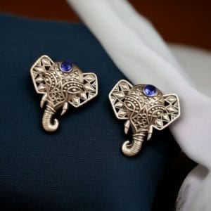 Unique Brass Elephant Stud Earrings with Perfect Stone Detailing - color: "Blue"