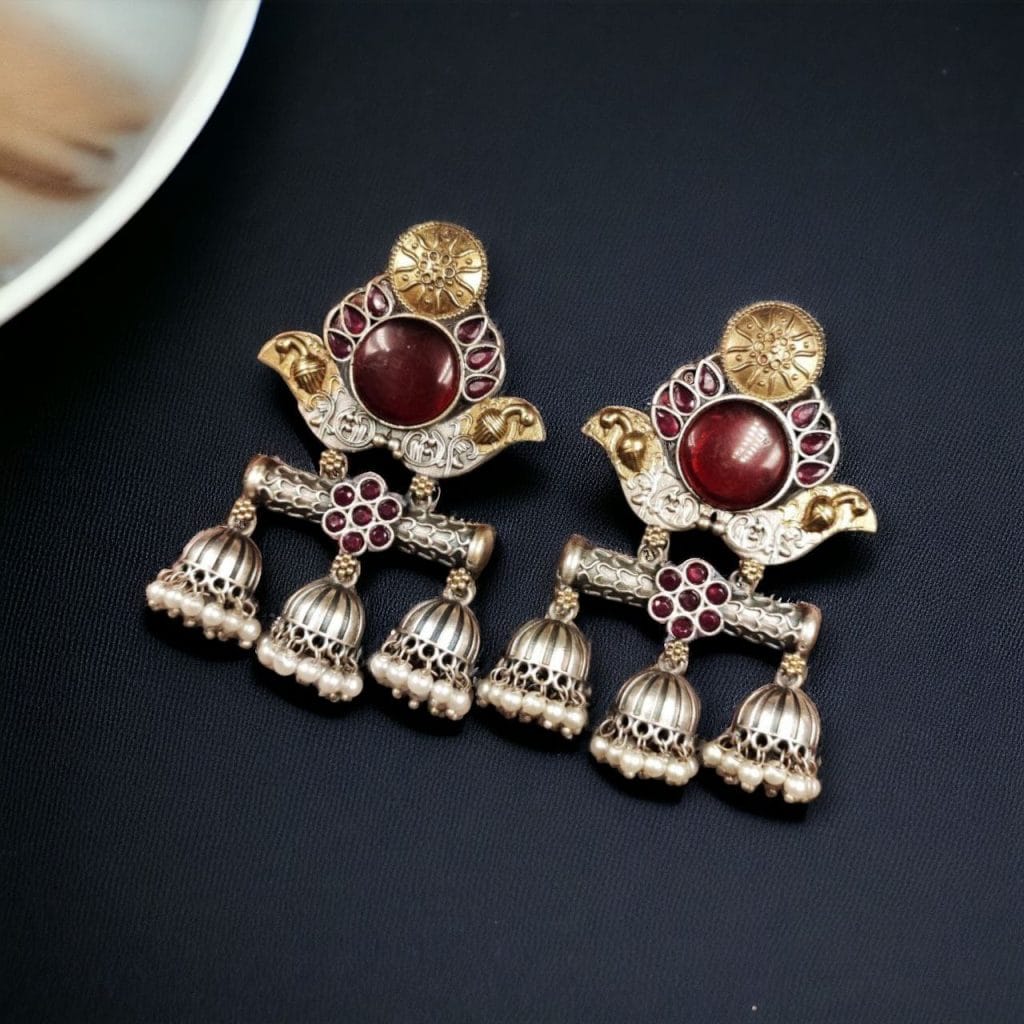 Bulk 1222 Dual Tone Monalisa Stone Jhumki Stud Earrings – A Perfect Match for Ethnic Wear - "Red"