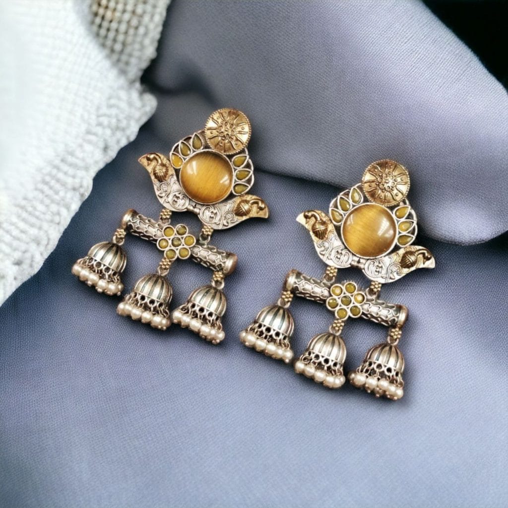 Bulk 1224 Dual Tone Monalisa Stone Jhumki Stud Earrings – A Perfect Match for Ethnic Wear - "Yellow"