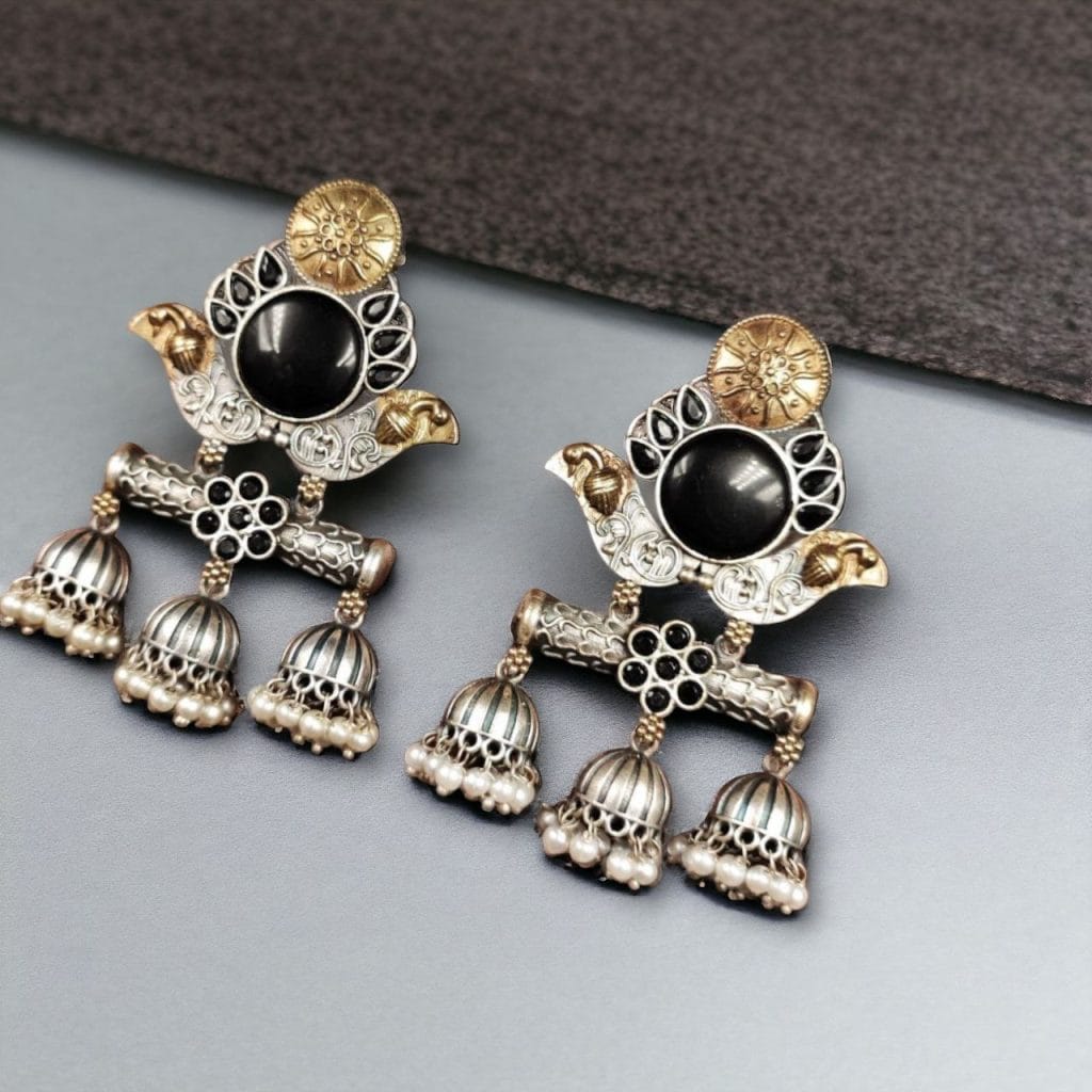 Bulk 1226 Dual Tone Monalisa Stone Jhumki Stud Earrings – A Perfect Match for Ethnic Wear - "Black"