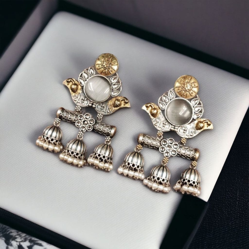 Bulk 1230 Dual Tone Monalisa Stone Jhumki Stud Earrings – A Perfect Match for Ethnic Wear - "Grey"