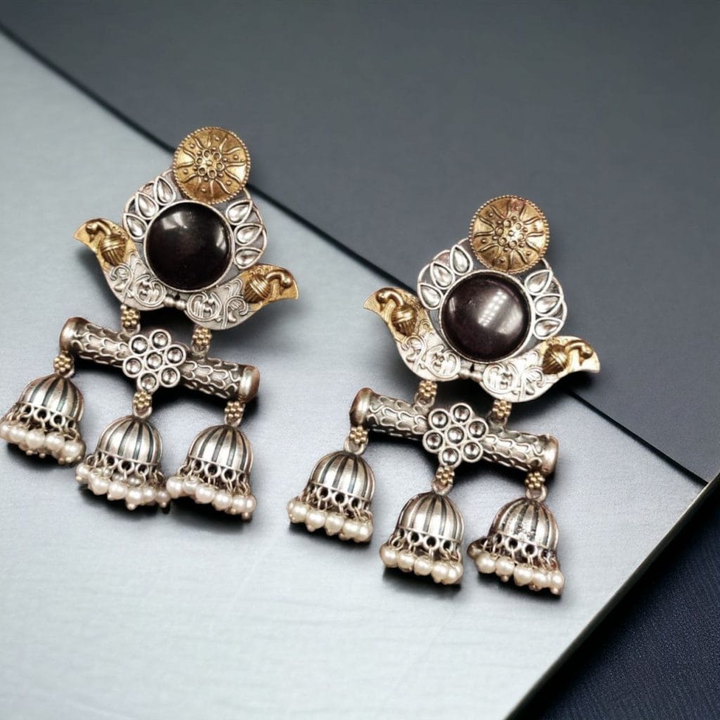 Bulk 1228 Dual Tone Monalisa Stone Jhumki Stud Earrings – A Perfect Match for Ethnic Wear - "Amethyst"