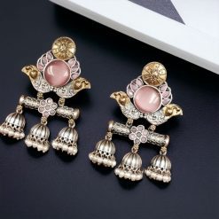 Dual-tone Monalisa Stone Jhumki Stud Earrings with intricate detailing, perfect for ethnic wear and festive occasions.