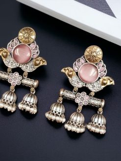Dual-tone Monalisa Stone Jhumki Stud Earrings with intricate detailing, perfect for ethnic wear and festive occasions.