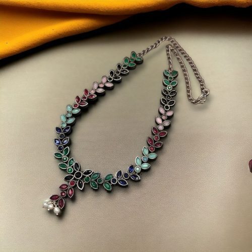 Premium brass stone necklace featuring intricate craftsmanship and stunning stone embellishments, perfect for a statement look