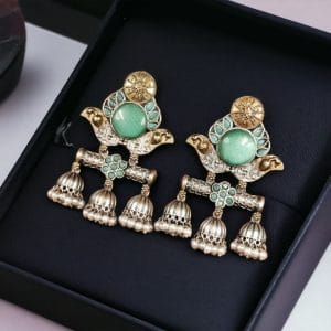 Dual Tone Monalisa Stone Jhumki Stud Earrings – A Perfect Match for Ethnic Wear - color: "Mint"