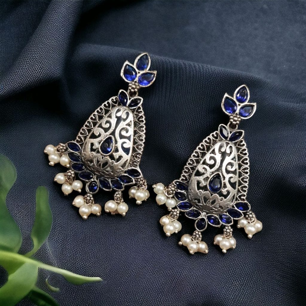 Bulk 1214 Elegant Brass Stone Hanging Stud Earrings – A Perfect Ethnic Accessory - "Blue"