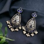 Elegant Brass Stone Hanging Stud Earrings – A Perfect Ethnic Accessory - "Blue"