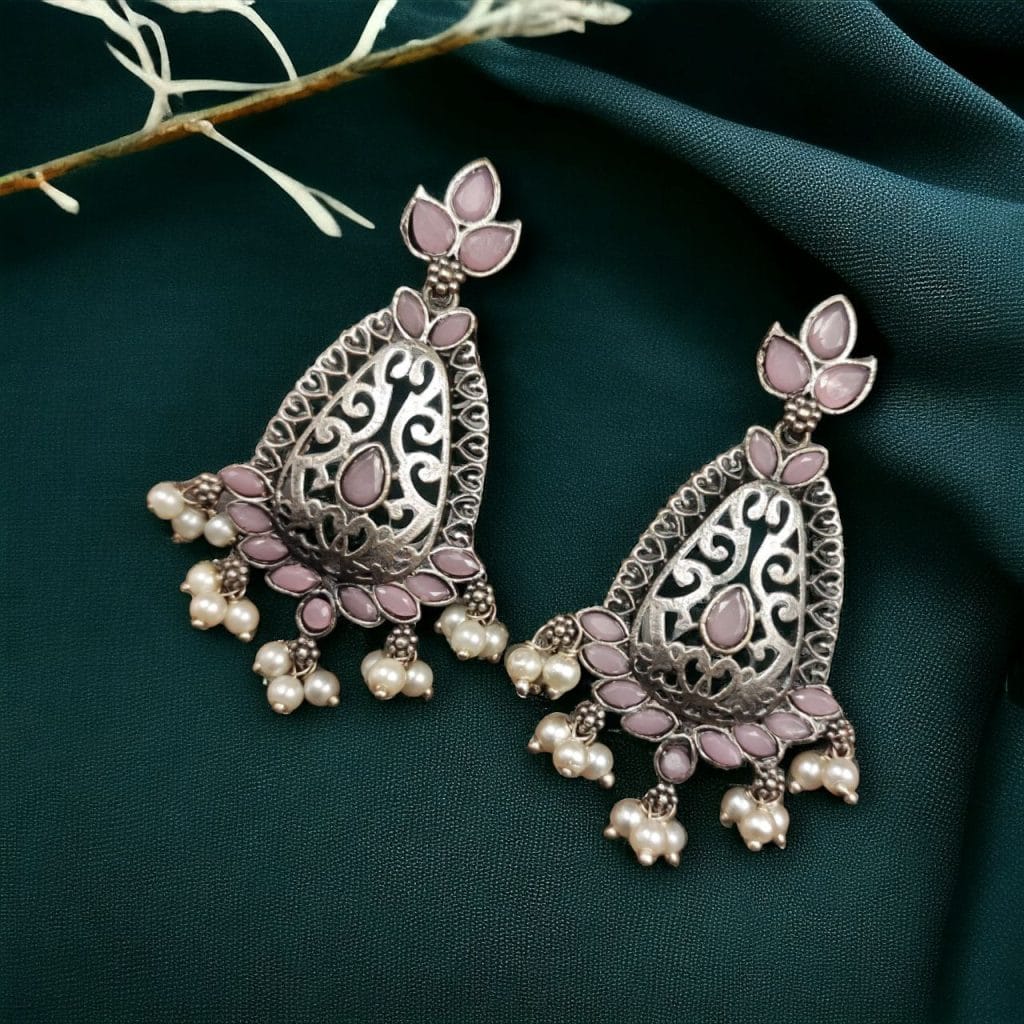 Bulk 1216 Elegant Brass Stone Hanging Stud Earrings – A Perfect Ethnic Accessory - "Babypink"